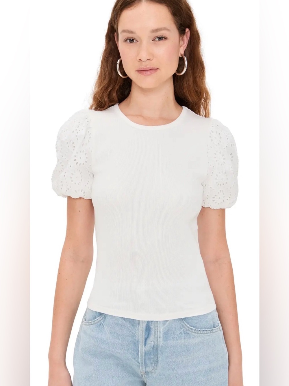 PAIGE $128 Marina Eyelet Puff Sleeve Knit Top White
